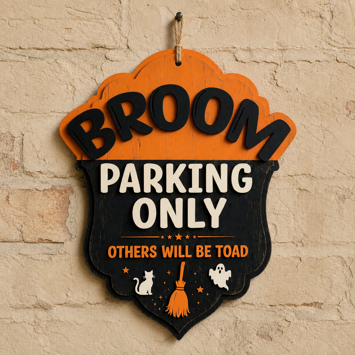 Broom Parking Only Wooden Sign, Shield Shape Door Hanger For Halloween