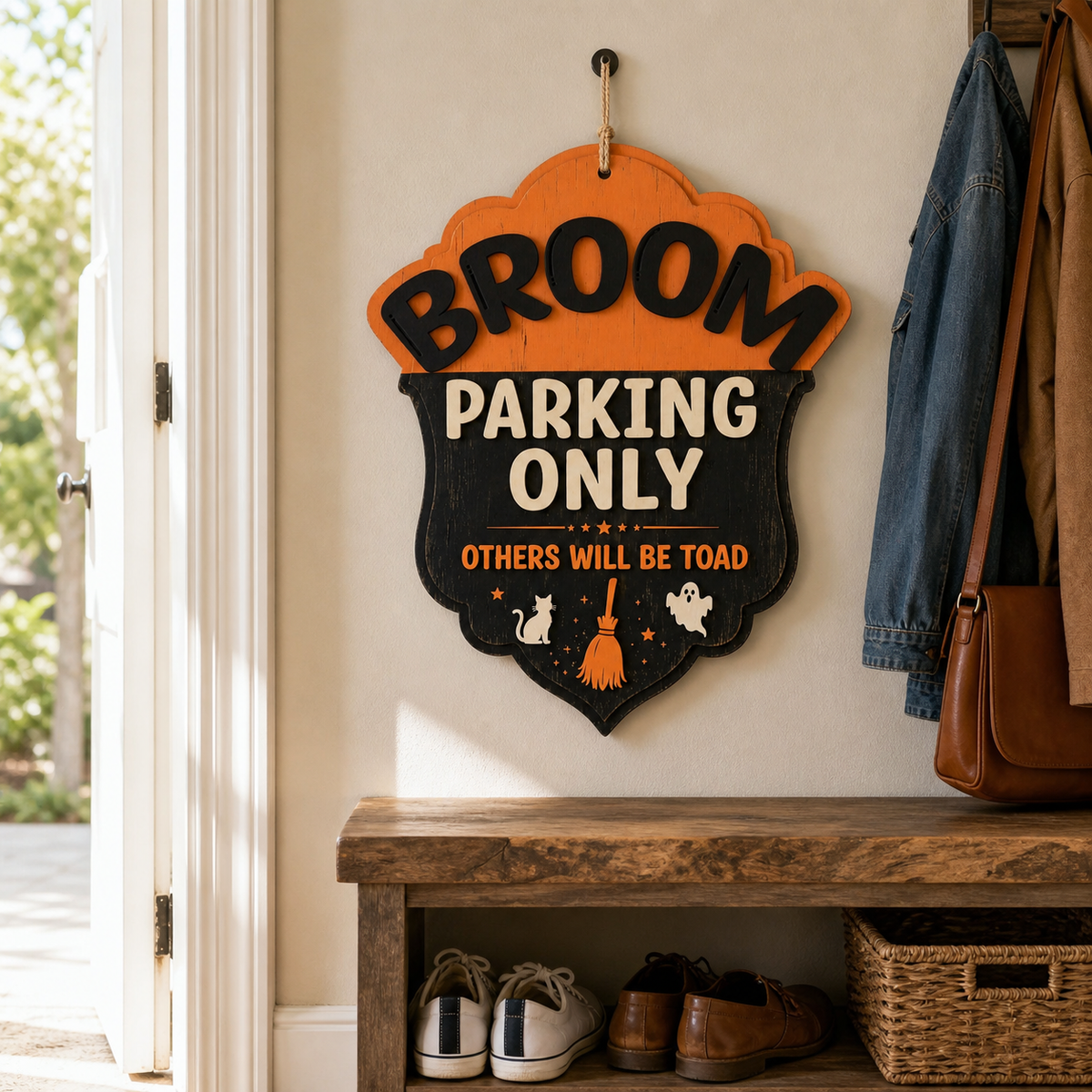 Broom Parking Only Wooden Sign, Shield Shape Door Hanger For Halloween