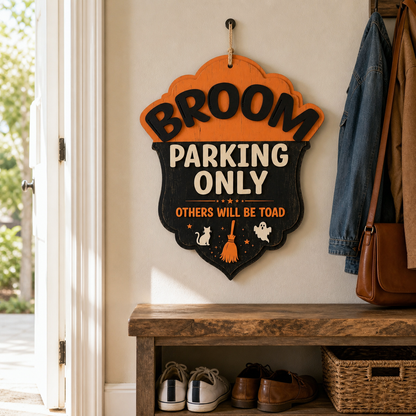 Broom Parking Only Wooden Sign, Shield Shape Door Hanger For Halloween