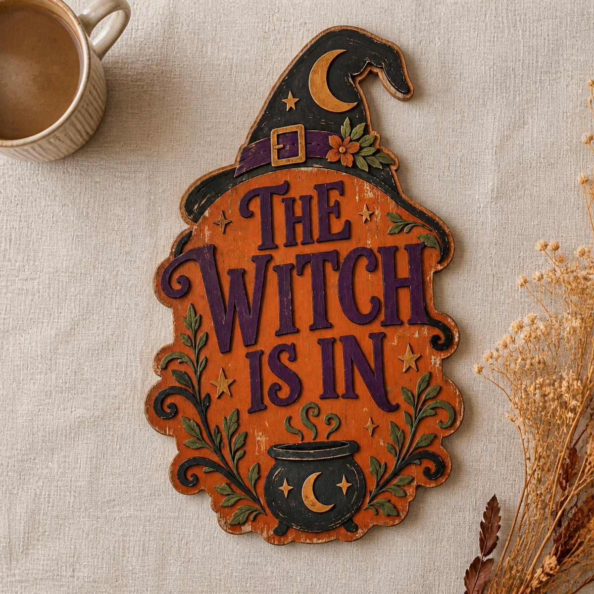 The Witch Is In Wooden Sign, Cauldron Crescent Moon, Halloween Door Hanger