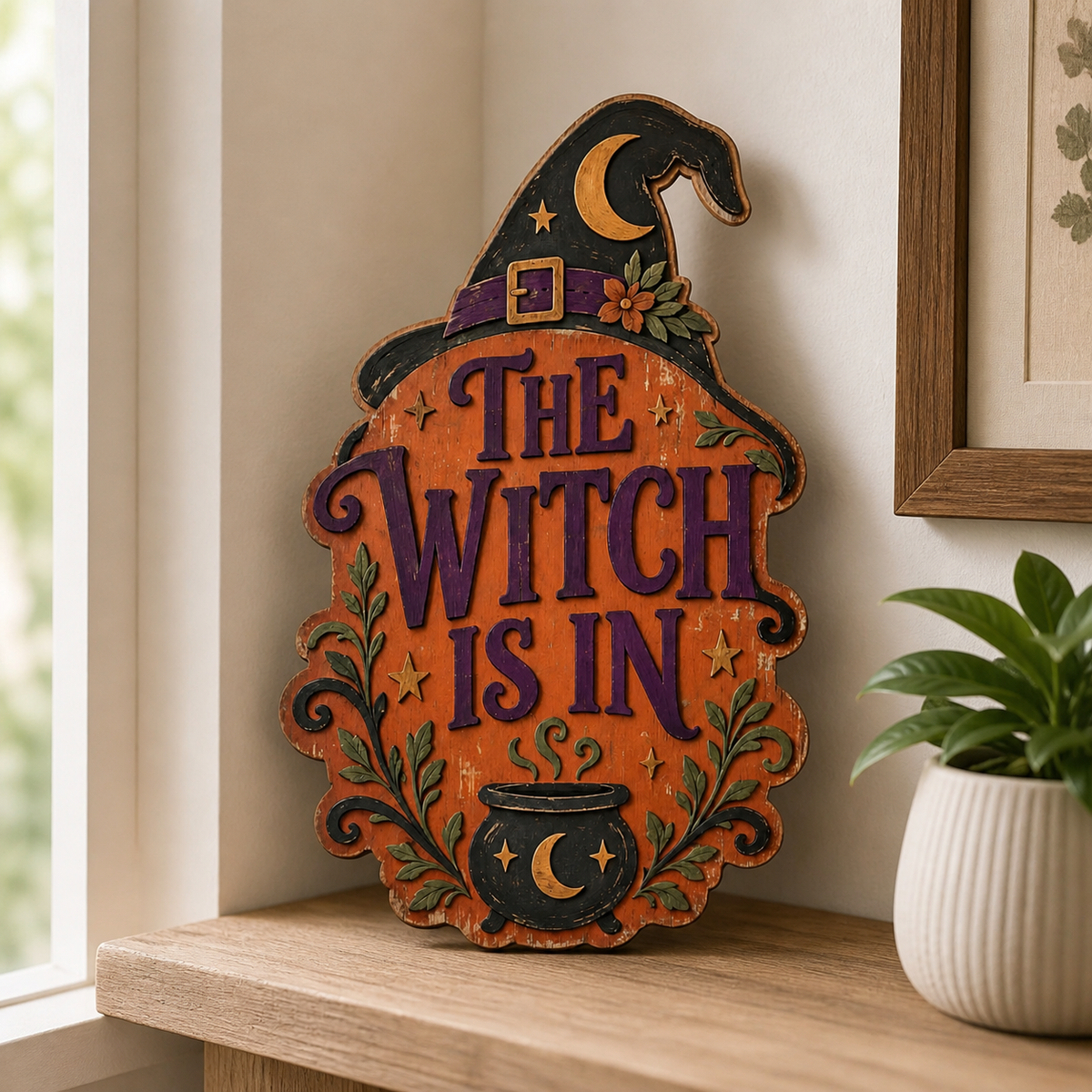 The Witch Is In Wooden Sign, Cauldron Crescent Moon, Halloween Door Hanger