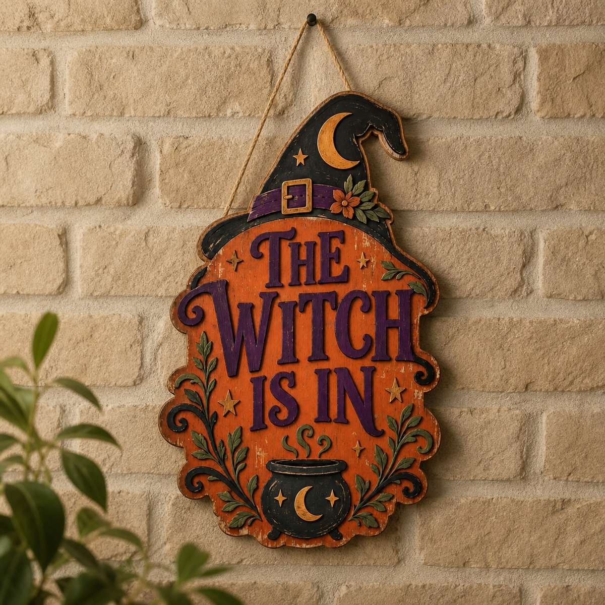 The Witch Is In Wooden Sign, Cauldron Crescent Moon, Halloween Door Hanger