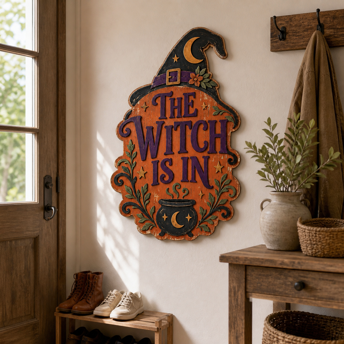 The Witch Is In Wooden Sign, Cauldron Crescent Moon, Halloween Door Hanger