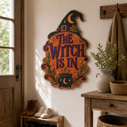 The Witch Is In Wooden Sign, Cauldron Crescent Moon, Halloween Door Hanger