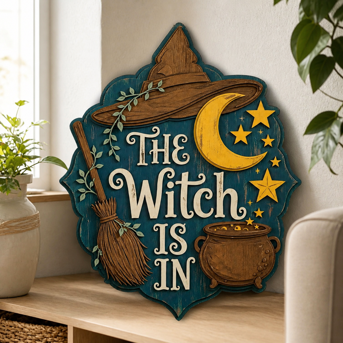 The Witch Is In Wooden Sign, Brown Witch Hat Cauldron, Door Hanger