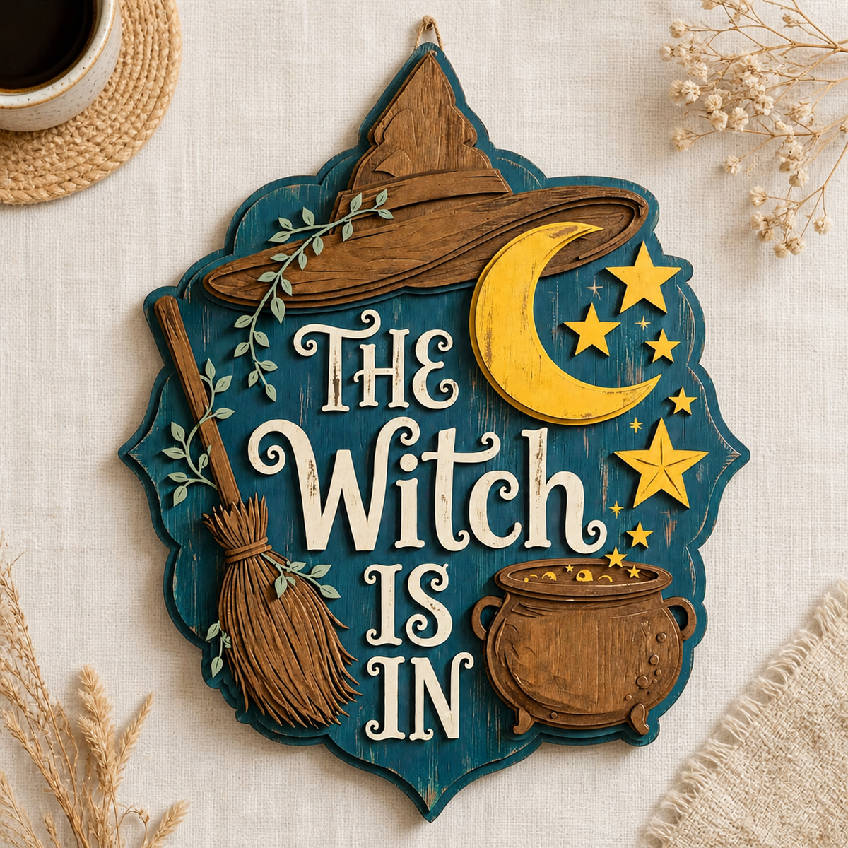 The Witch Is In Wooden Sign, Brown Witch Hat Cauldron, Door Hanger