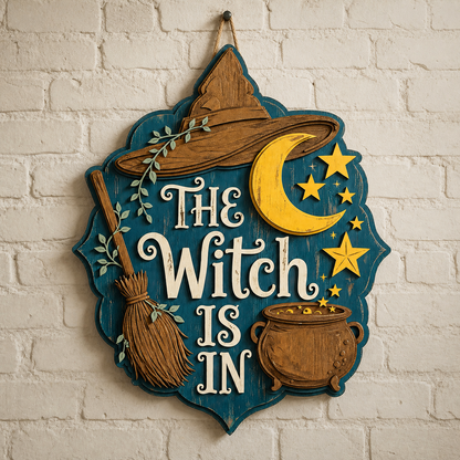 The Witch Is In Wooden Sign, Brown Witch Hat Cauldron, Door Hanger