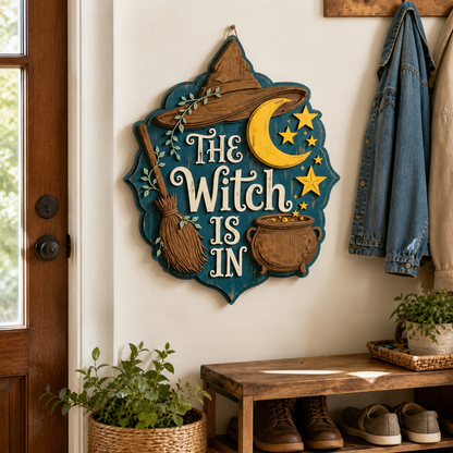 The Witch Is In Wooden Sign, Brown Witch Hat Cauldron, Door Hanger