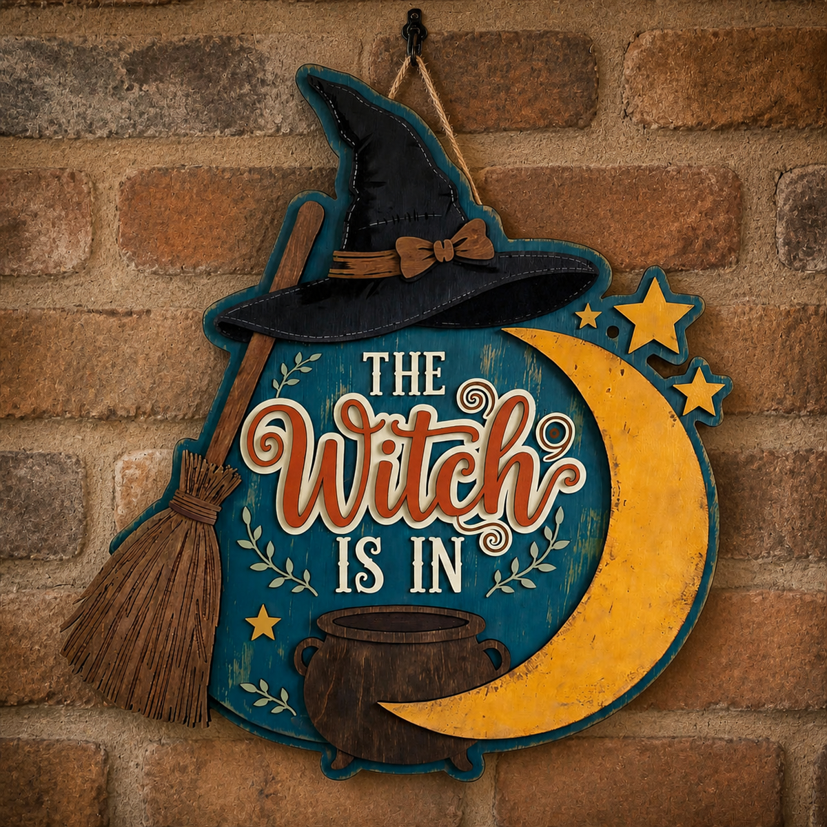 The Witch Is In Wooden Sign, Door Hanger, Black Hat Crescent Moon, Halloween Wall Art