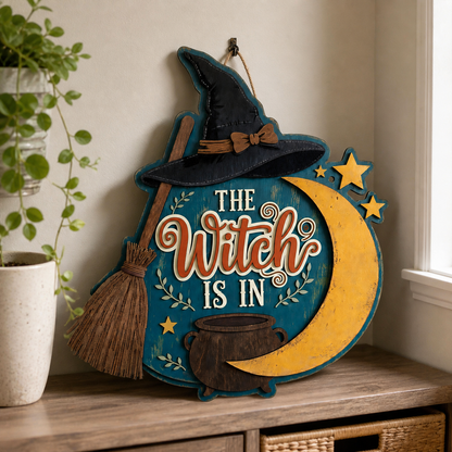 The Witch Is In Wooden Sign, Door Hanger, Black Hat Crescent Moon, Halloween Wall Art