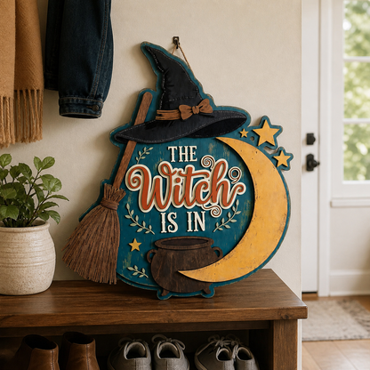 The Witch Is In Wooden Sign, Door Hanger, Black Hat Crescent Moon, Halloween Wall Art