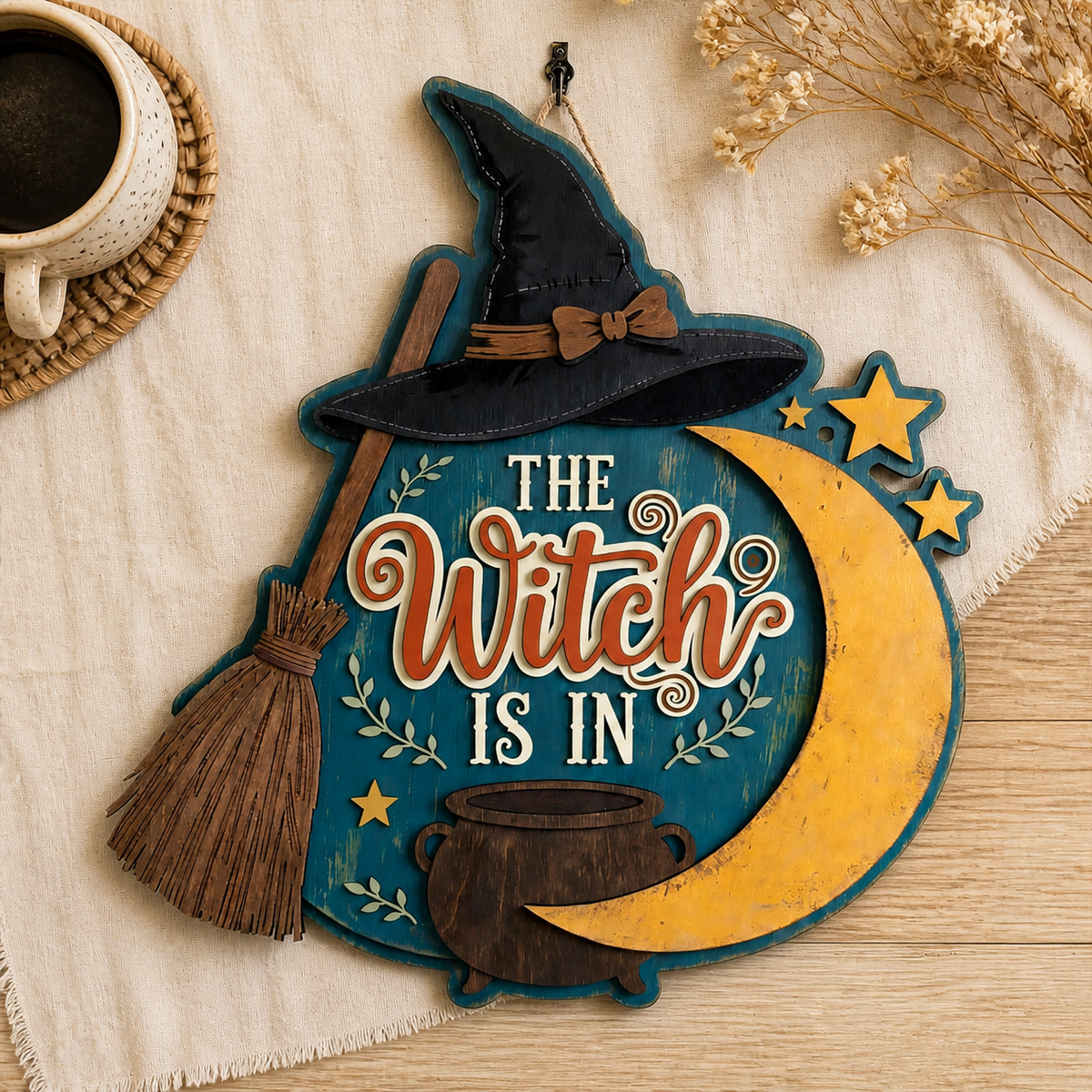The Witch Is In Wooden Sign, Door Hanger, Black Hat Crescent Moon, Halloween Wall Art