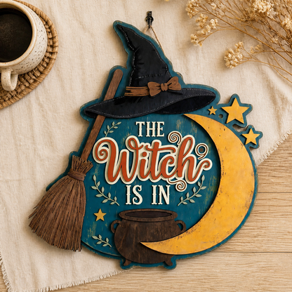 The Witch Is In Wooden Sign, Door Hanger, Black Hat Crescent Moon, Halloween Wall Art