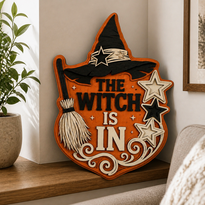 The Witch Is In Wooden Sign, Orange Shield Halloween Decor, Black Hat & Layered Stars Door Hanger
