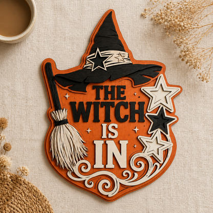 The Witch Is In Wooden Sign, Orange Shield Halloween Decor, Black Hat & Layered Stars Door Hanger