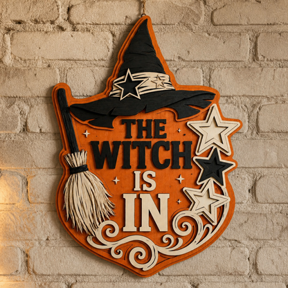 The Witch Is In Wooden Sign, Orange Shield Halloween Decor, Black Hat & Layered Stars Door Hanger
