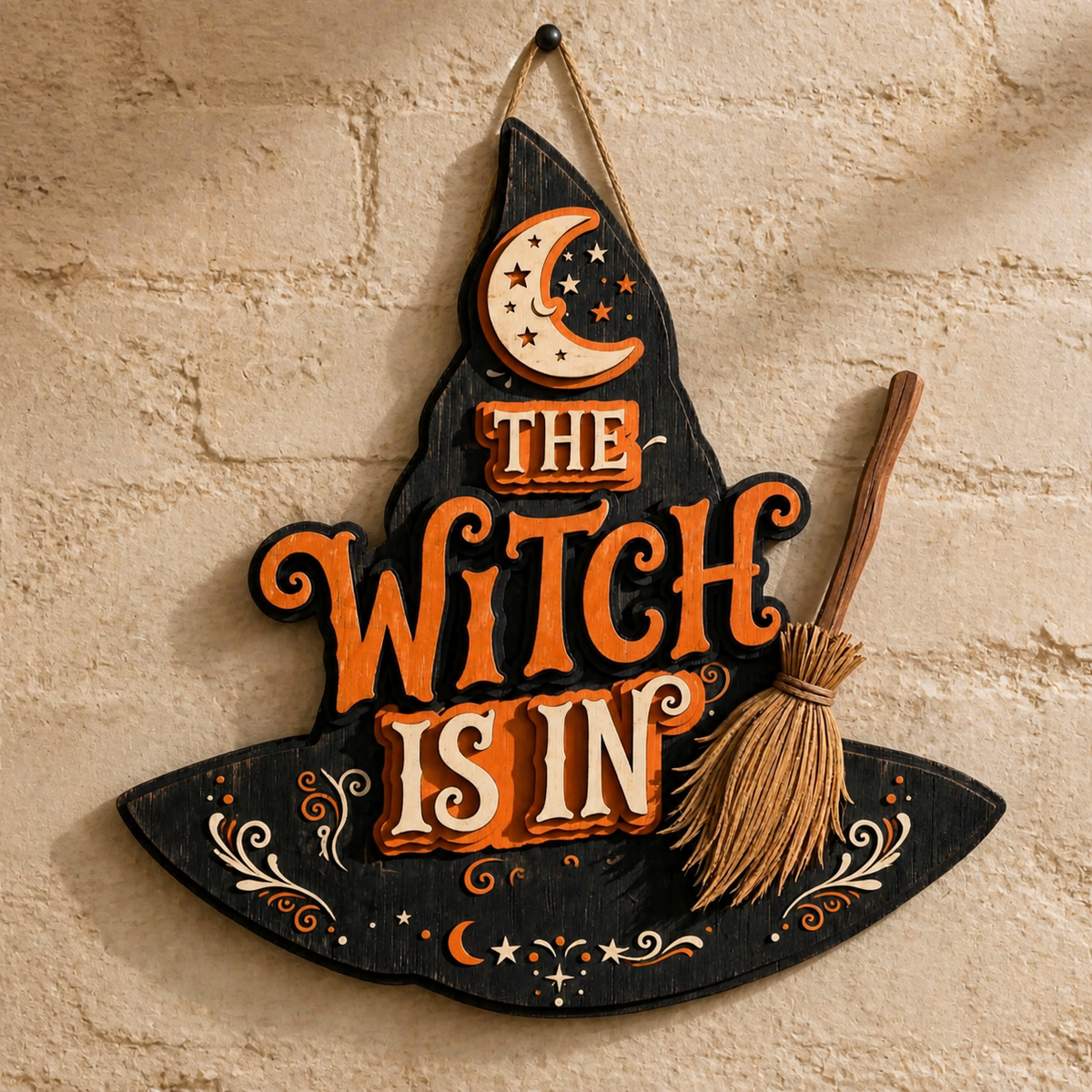 The Witch Is In Wooden Sign Full Witch Hat Shape Door Hanger