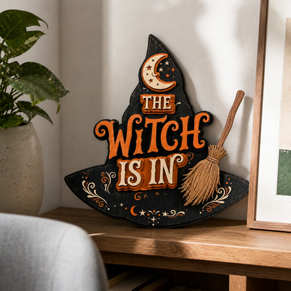 The Witch Is In Wooden Sign Full Witch Hat Shape Door Hanger