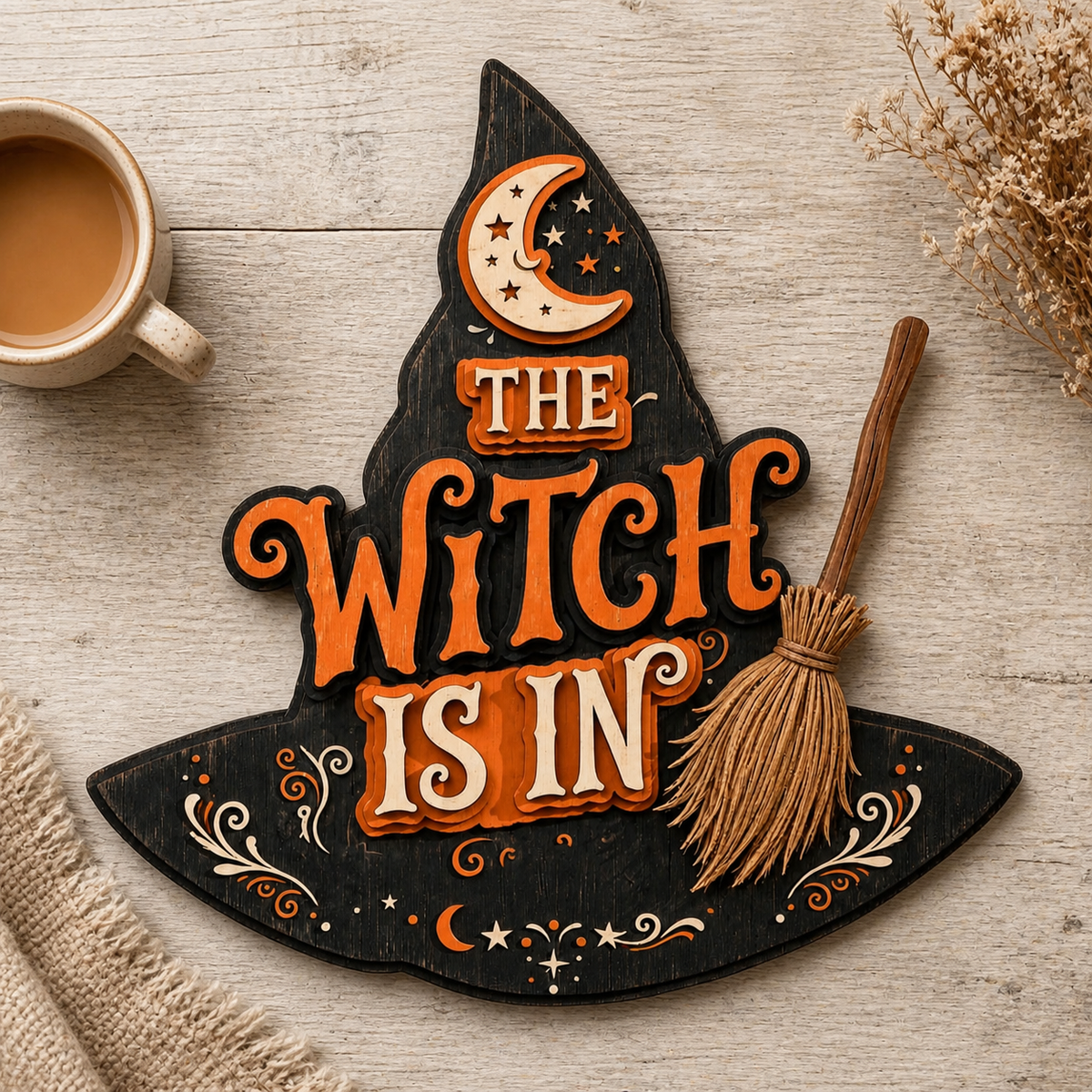 The Witch Is In Wooden Sign Full Witch Hat Shape Door Hanger