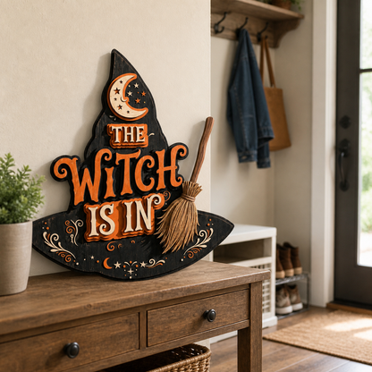 The Witch Is In Wooden Sign Full Witch Hat Shape Door Hanger
