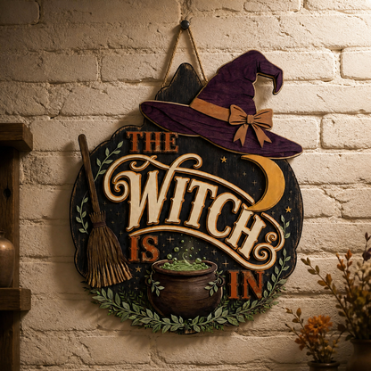 The Witch Is In Wooden Sign Purple Hat Green Cauldron Halloween Decor