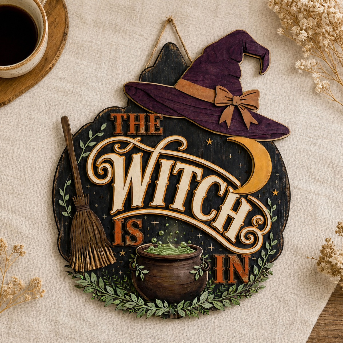 The Witch Is In Wooden Sign Purple Hat Green Cauldron Halloween Decor