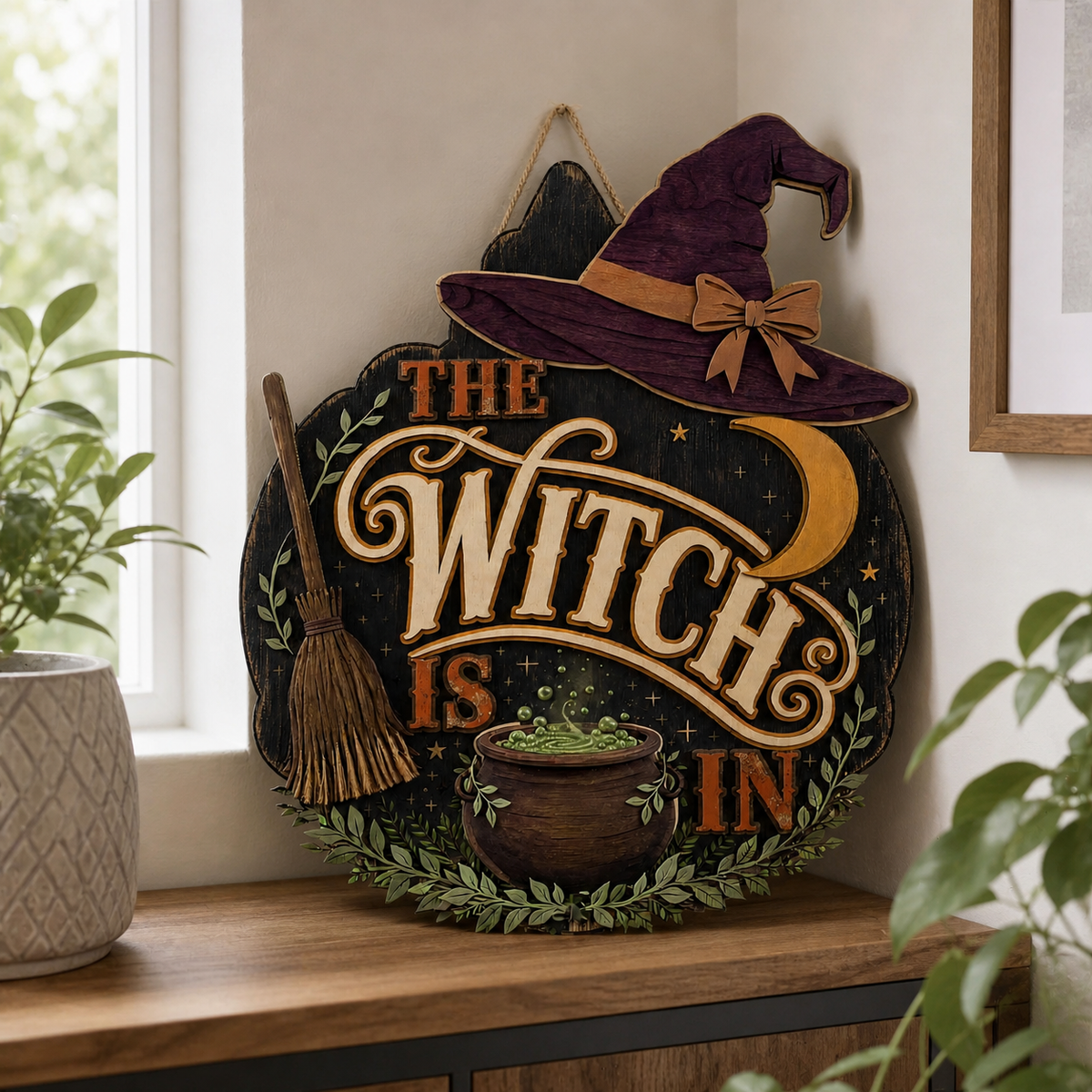 The Witch Is In Wooden Sign Purple Hat Green Cauldron Halloween Decor