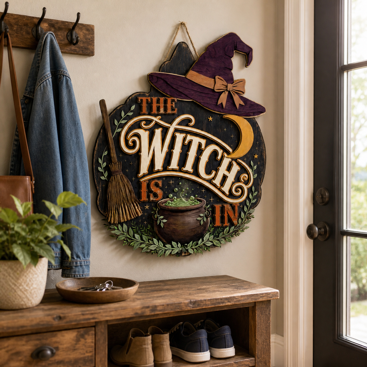 The Witch Is In Wooden Sign Purple Hat Green Cauldron Halloween Decor