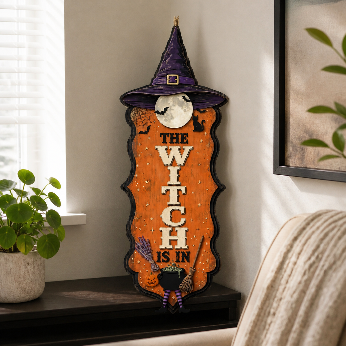 The Witch Is In Wooden Sign, Vertical Orange Door Hanger Halloween Decor