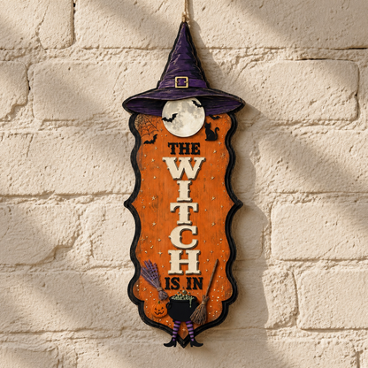 The Witch Is In Wooden Sign, Vertical Orange Door Hanger Halloween Decor