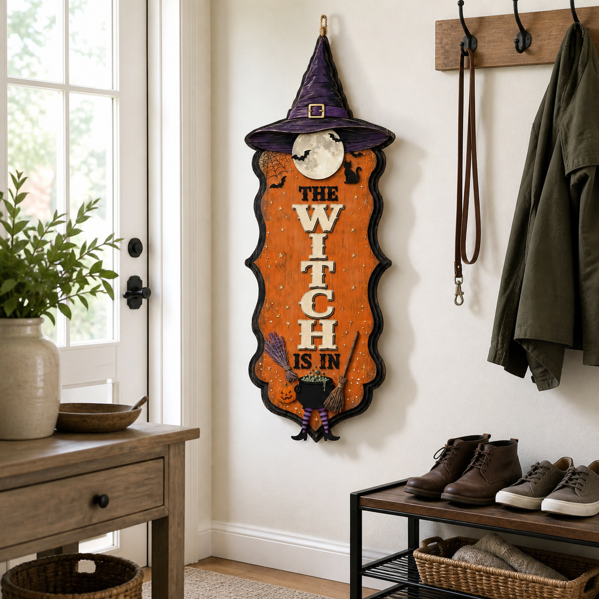 The Witch Is In Wooden Sign, Vertical Orange Door Hanger Halloween Decor