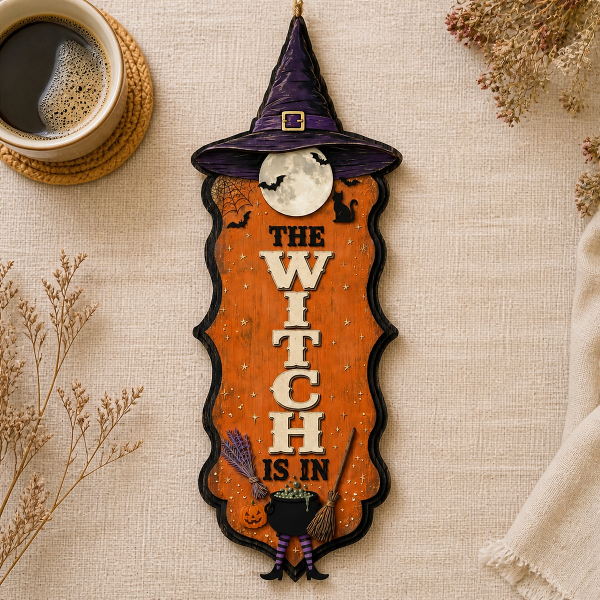 The Witch Is In Wooden Sign, Vertical Orange Door Hanger Halloween Decor