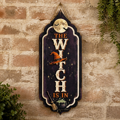 The Witch Is In Wooden Sign Halloween Dark Purple Orange Hat Decor