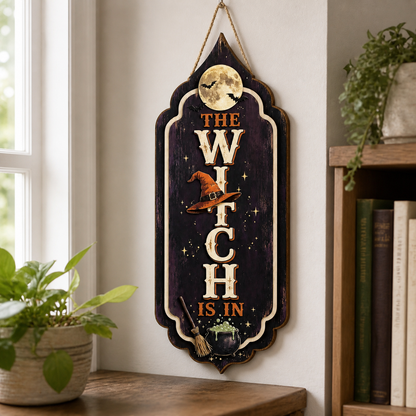 The Witch Is In Wooden Sign Halloween Dark Purple Orange Hat Decor