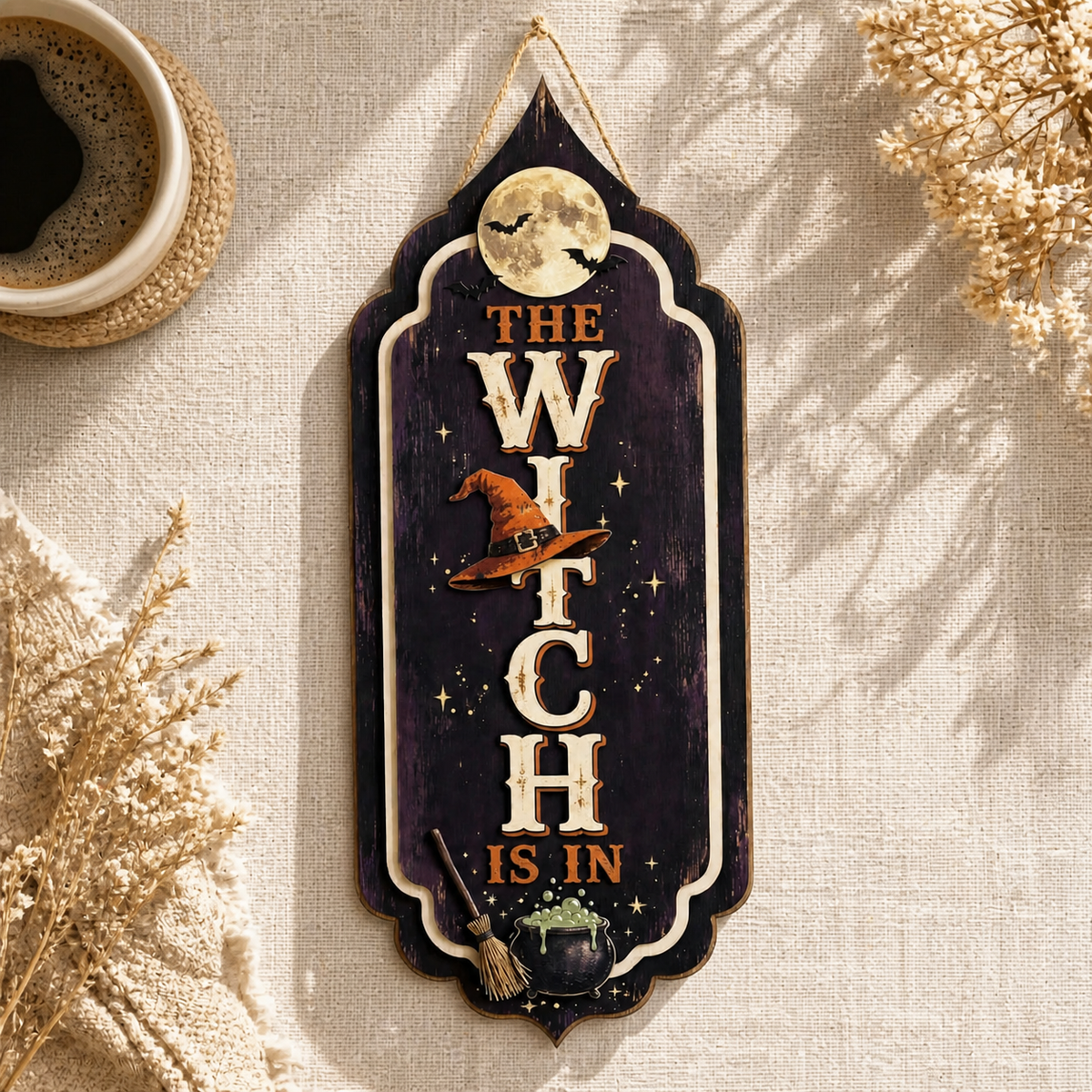 The Witch Is In Wooden Sign Halloween Dark Purple Orange Hat Decor