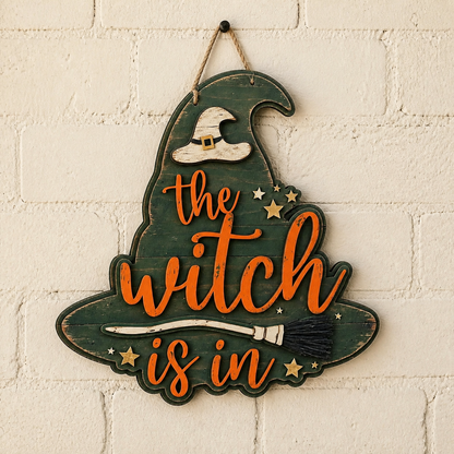 The Witch Is In Wooden Sign, Green Witch Hat Shape Door Hanger Decor