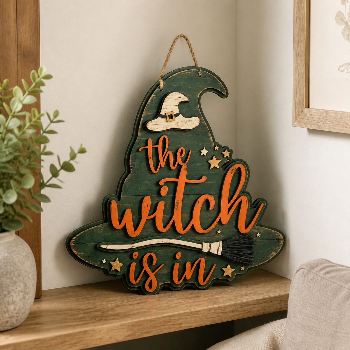 The Witch Is In Wooden Sign, Green Witch Hat Shape Door Hanger Decor