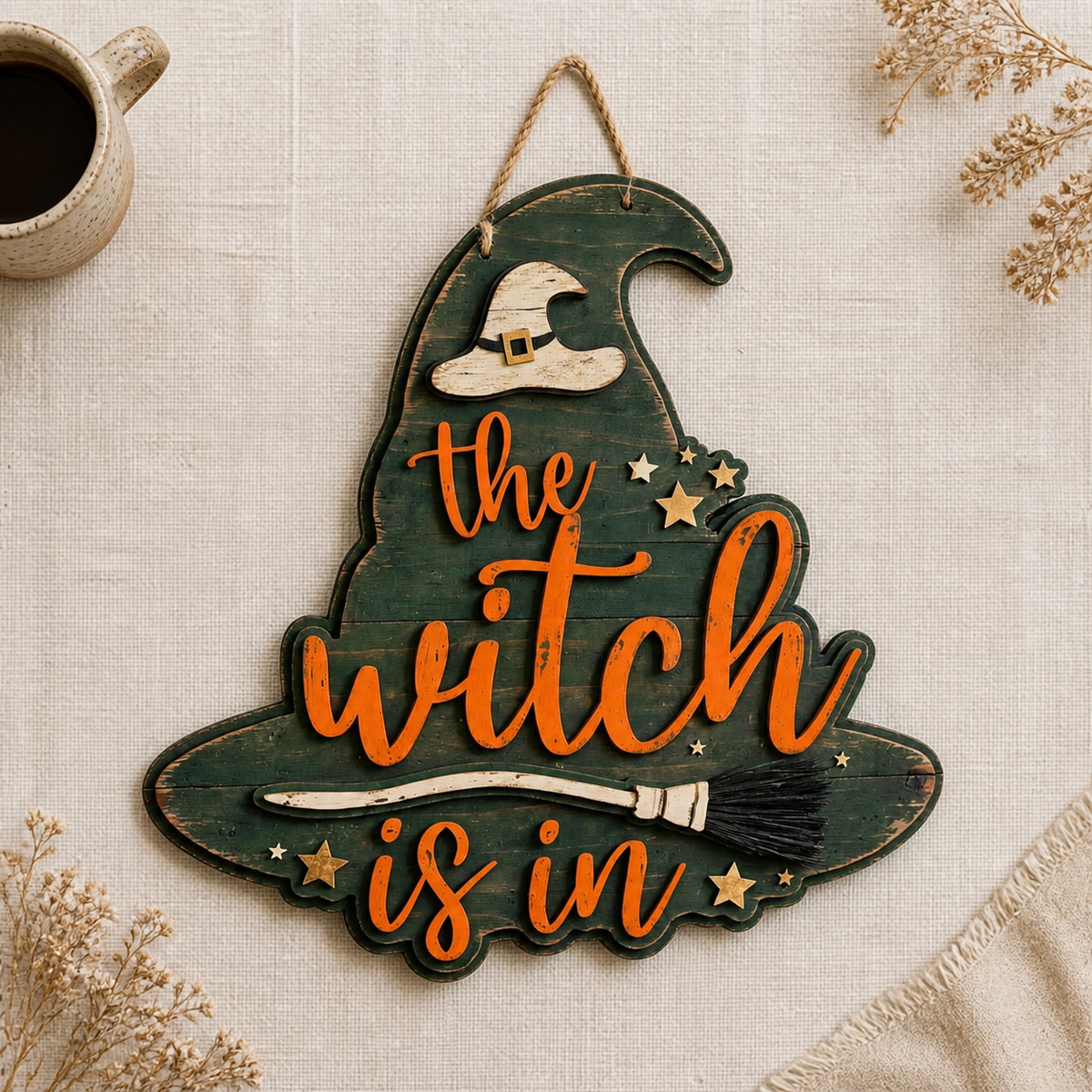 The Witch Is In Wooden Sign, Green Witch Hat Shape Door Hanger Decor
