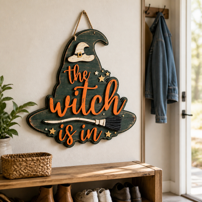 The Witch Is In Wooden Sign, Green Witch Hat Shape Door Hanger Decor