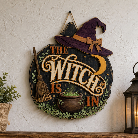 The Witch Is In Wooden Sign Purple Hat Green Cauldron Decor