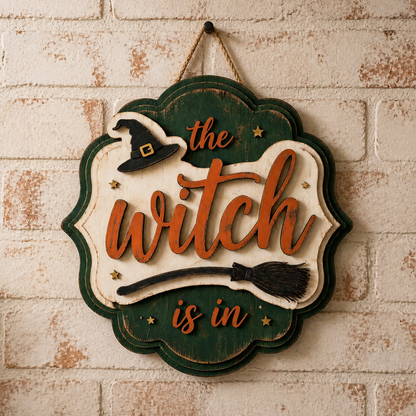 The Witch Is In Wooden Sign Layered Green Round Door Hanger