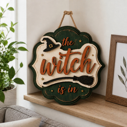 The Witch Is In Wooden Sign Layered Green Round Door Hanger
