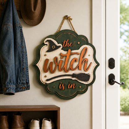 The Witch Is In Wooden Sign Layered Green Round Door Hanger