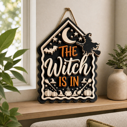 The Witch Is In Wooden Sign Flying Witch Silhouette Crescent Moon House Shape Halloween Decor
