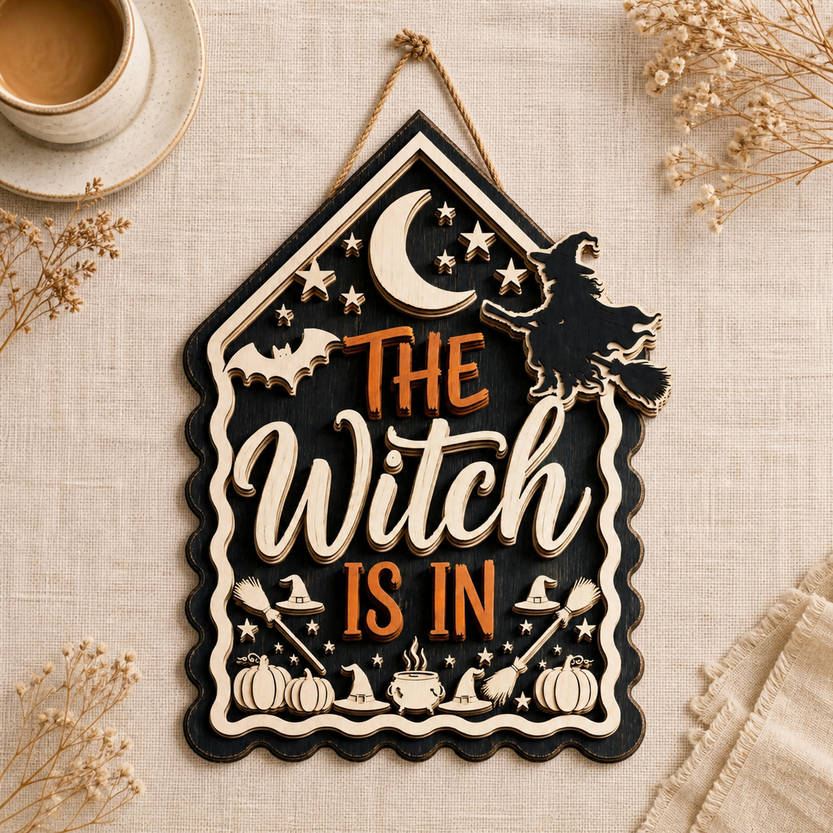 The Witch Is In Wooden Sign Flying Witch Silhouette Crescent Moon House Shape Halloween Decor