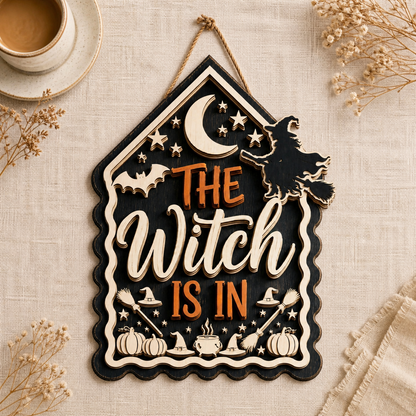 The Witch Is In Wooden Sign Flying Witch Silhouette Crescent Moon House Shape Halloween Decor