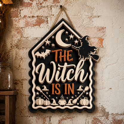 The Witch Is In Wooden Sign Flying Witch Silhouette Crescent Moon House Shape Halloween Decor