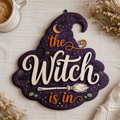 The Witch Is In Wooden Sign, Halloween Door Hanger, Purple Witch Hat Decor With Broom