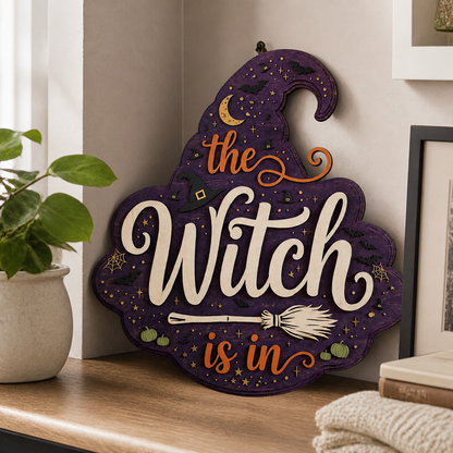 The Witch Is In Wooden Sign, Halloween Door Hanger, Purple Witch Hat Decor With Broom