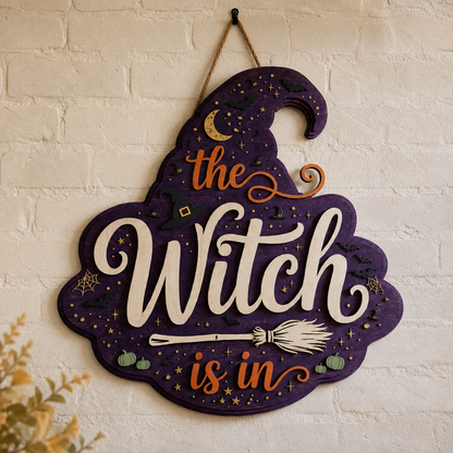 The Witch Is In Wooden Sign, Halloween Door Hanger, Purple Witch Hat Decor With Broom
